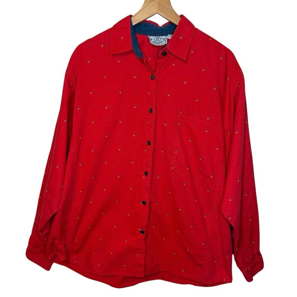 VTG Western Wear Kyoto Kasuals Cotton Bright Red Retro Button Up Long Sleeve Lg